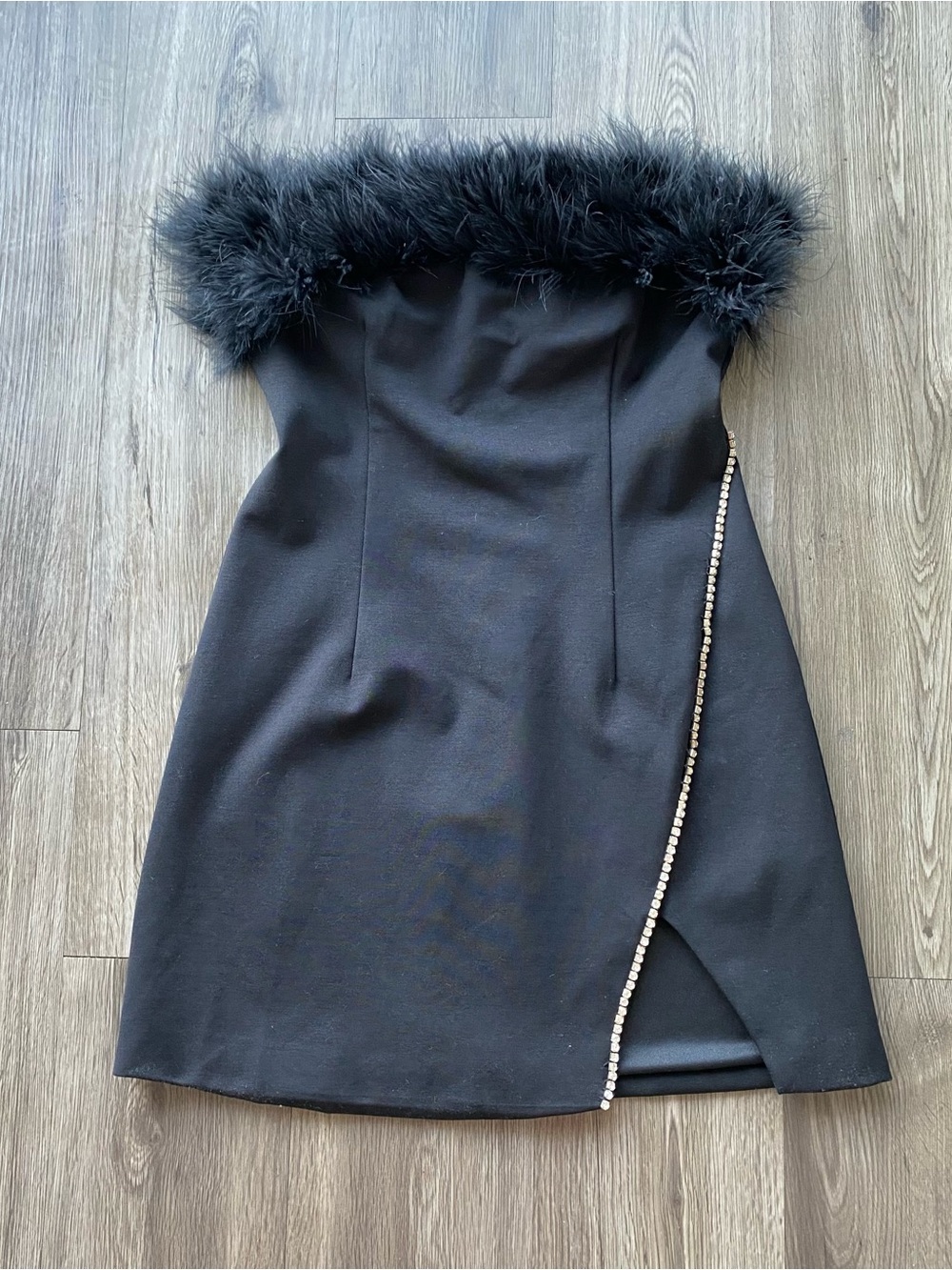 Forever 21 Black Strapless Feather-Trim Mini Dress with Rhinestone Slit